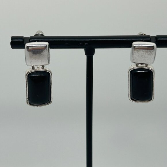 Liz Claiborne Vintage Silver-Tone Drop Earrings With Black Acrylic Rectangle Acc - Picture 2 of 11